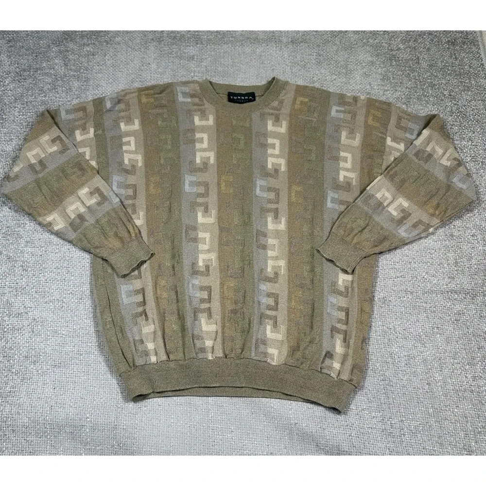 Tundra Canada Sweater Mens XL Pullover Knit Beige Green Geometric Crew 90s Cosby
